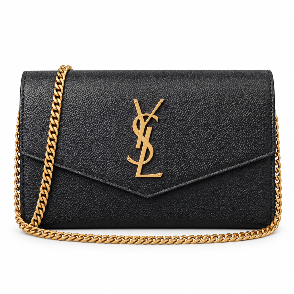 Saint Laurent Uptown chain wallet black pebbled grained leather with oversized gold YSL monogram plaque and antique gold curb chain strap