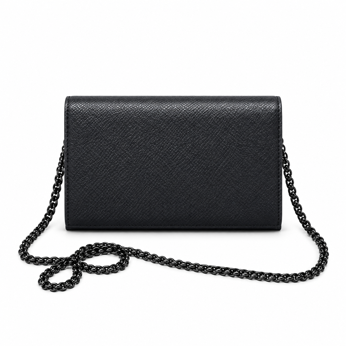 Saint Laurent Uptown chain wallet black Epsom grained leather with all-black matte gunmetal chain strap, back view
