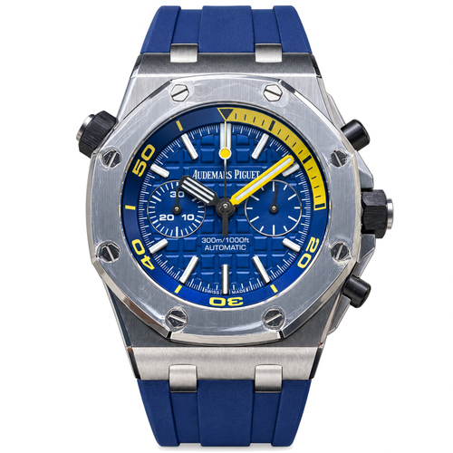 Audemars Piguet Royal Oak Offshore Diver Chronograph Blue Tapisserie Dial Yellow Accents Rubber Strap