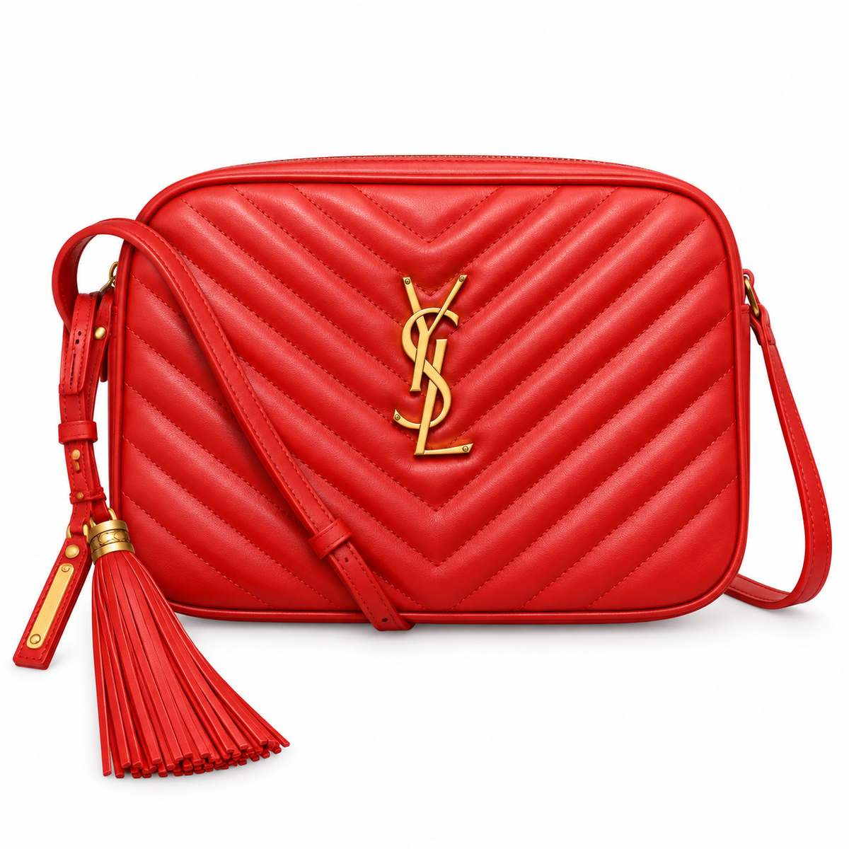Saint Laurent YSL Lou Camera Bag in Rouge Red Chevron Quilted Lambskin Leather with Shiny Gold YSL Monogram Leather Tassel Zipper Pull and Adjustable Leather Shoulder Strap