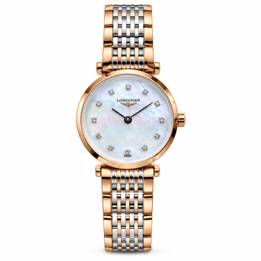 Longines La Grande Classique mother-of-pearl diamond dial rose gold two-tone bracelet watch