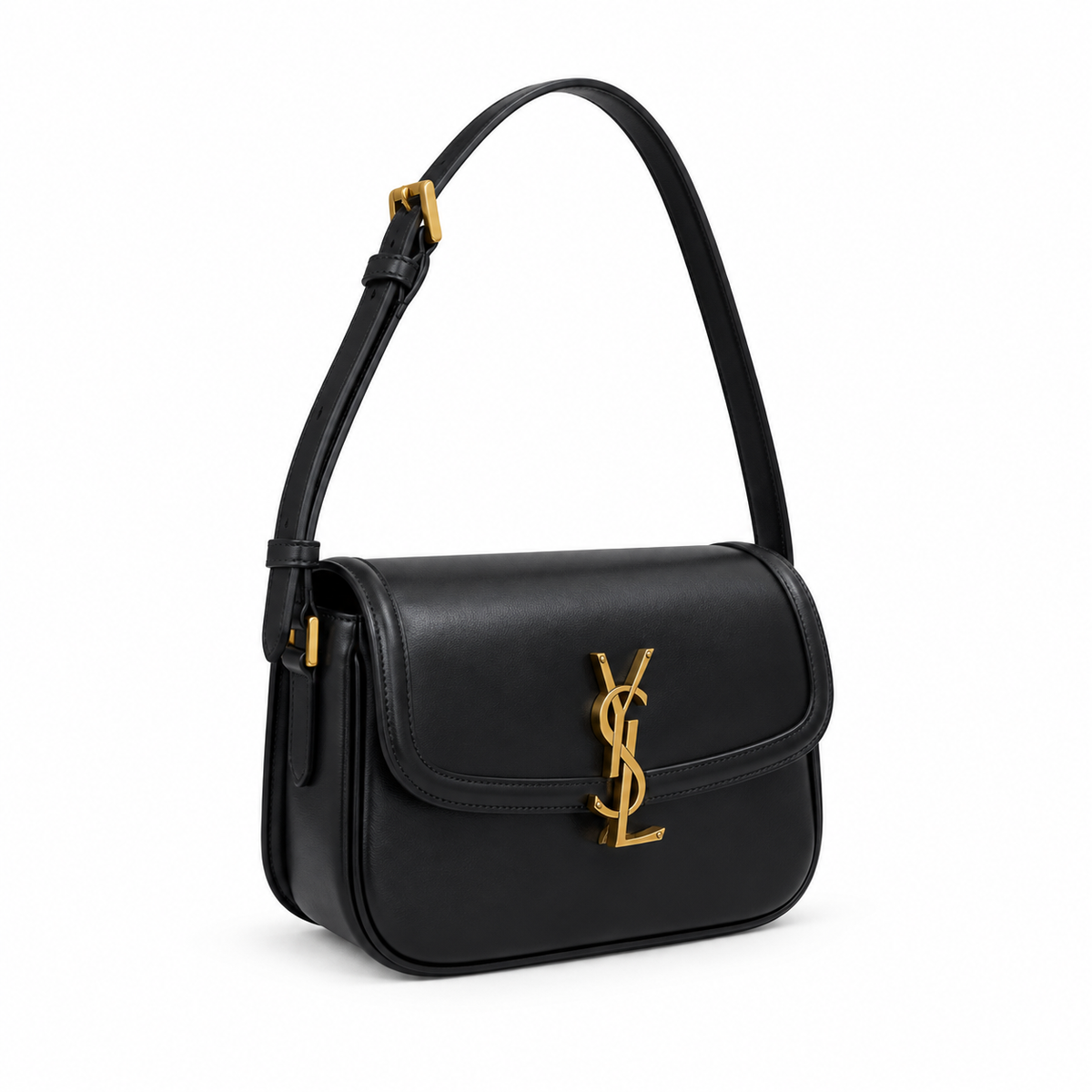 Saint Laurent YSL Solferino structured flap shoulder bag in black smooth calfskin leather with oversized gold YSL monogram and adjustable strap
