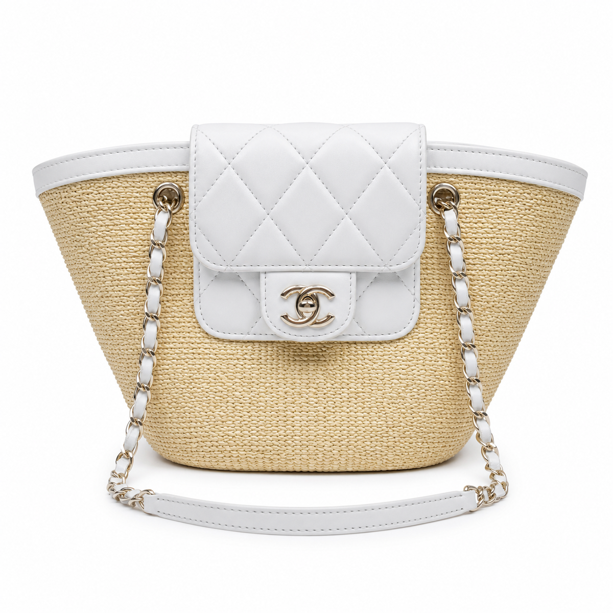 Chanel Small Basket Bag Natural Raffia & White Quilted Lambskin | Silver CC Turn-Lock — 41cm
