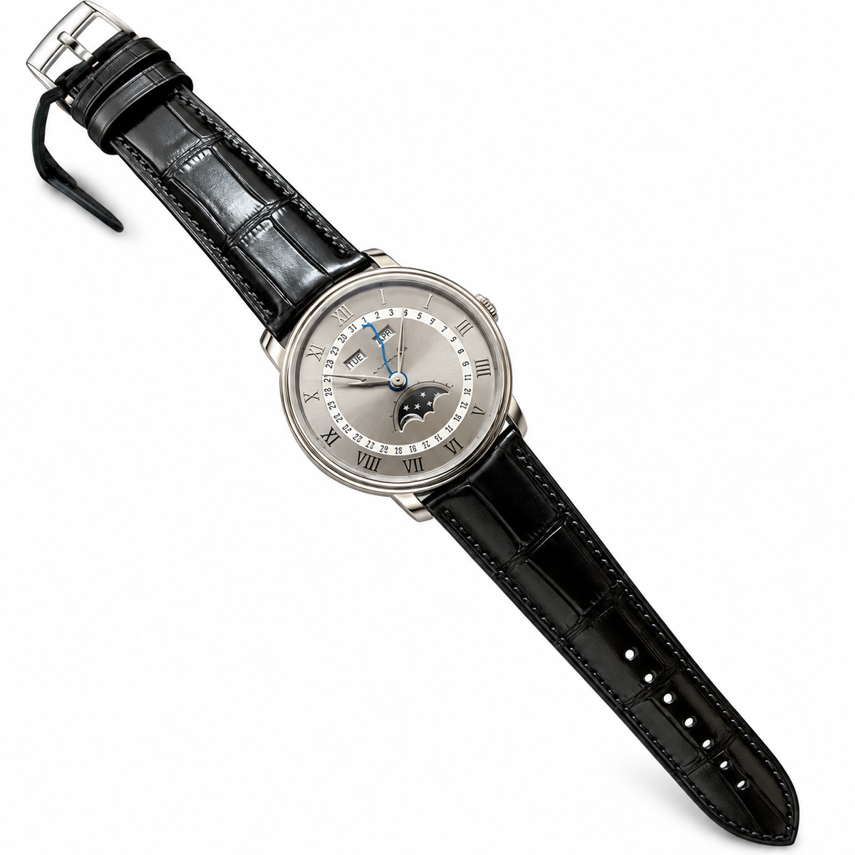 Blancpain Villeret Moonphase Full Calendar Steel Blue Hands Black Alligator Watch