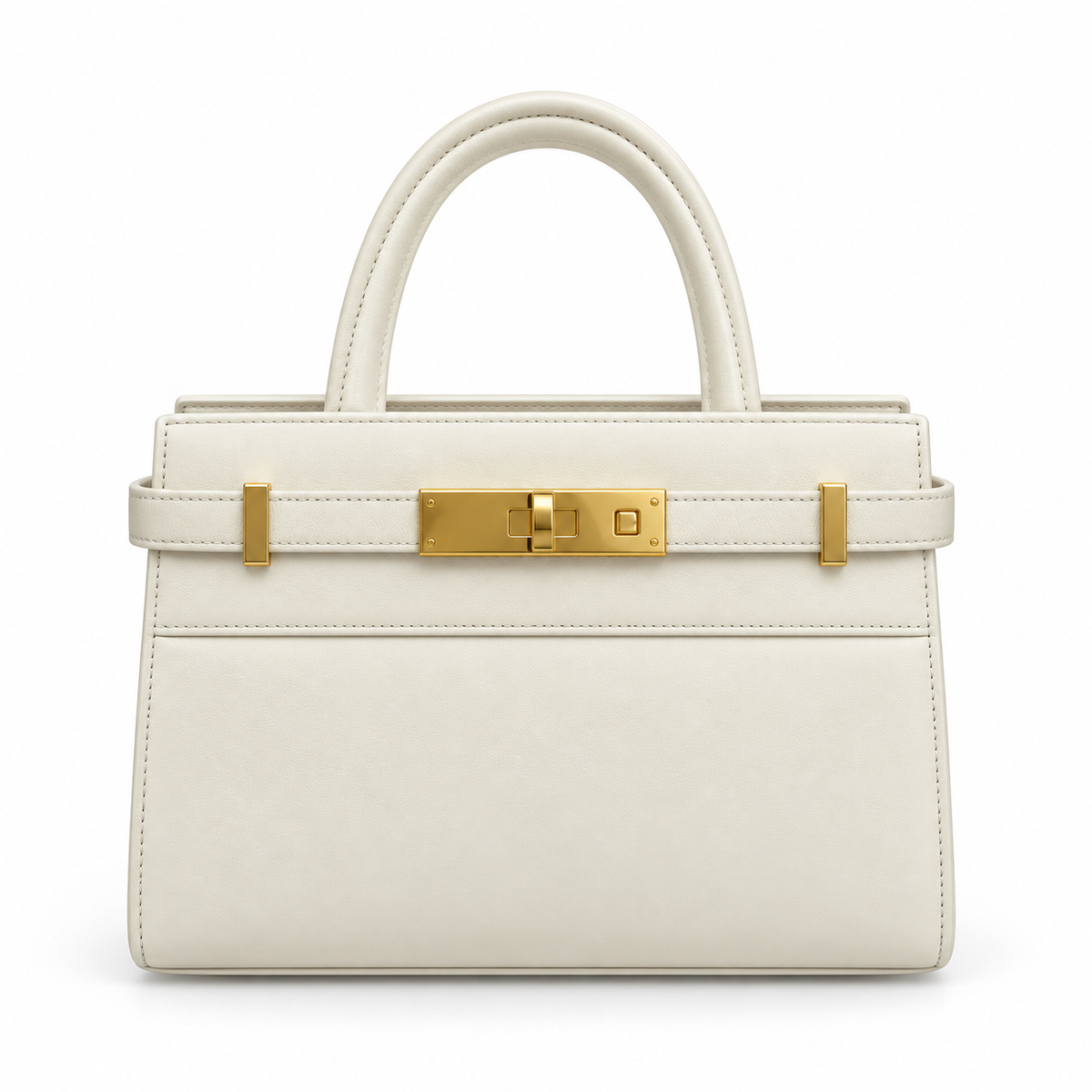 YSL Saint Laurent Manhattan Mini Bag Cream Smooth Leather Gold Square Turn Lock Rolled Top Handles Belt Strap