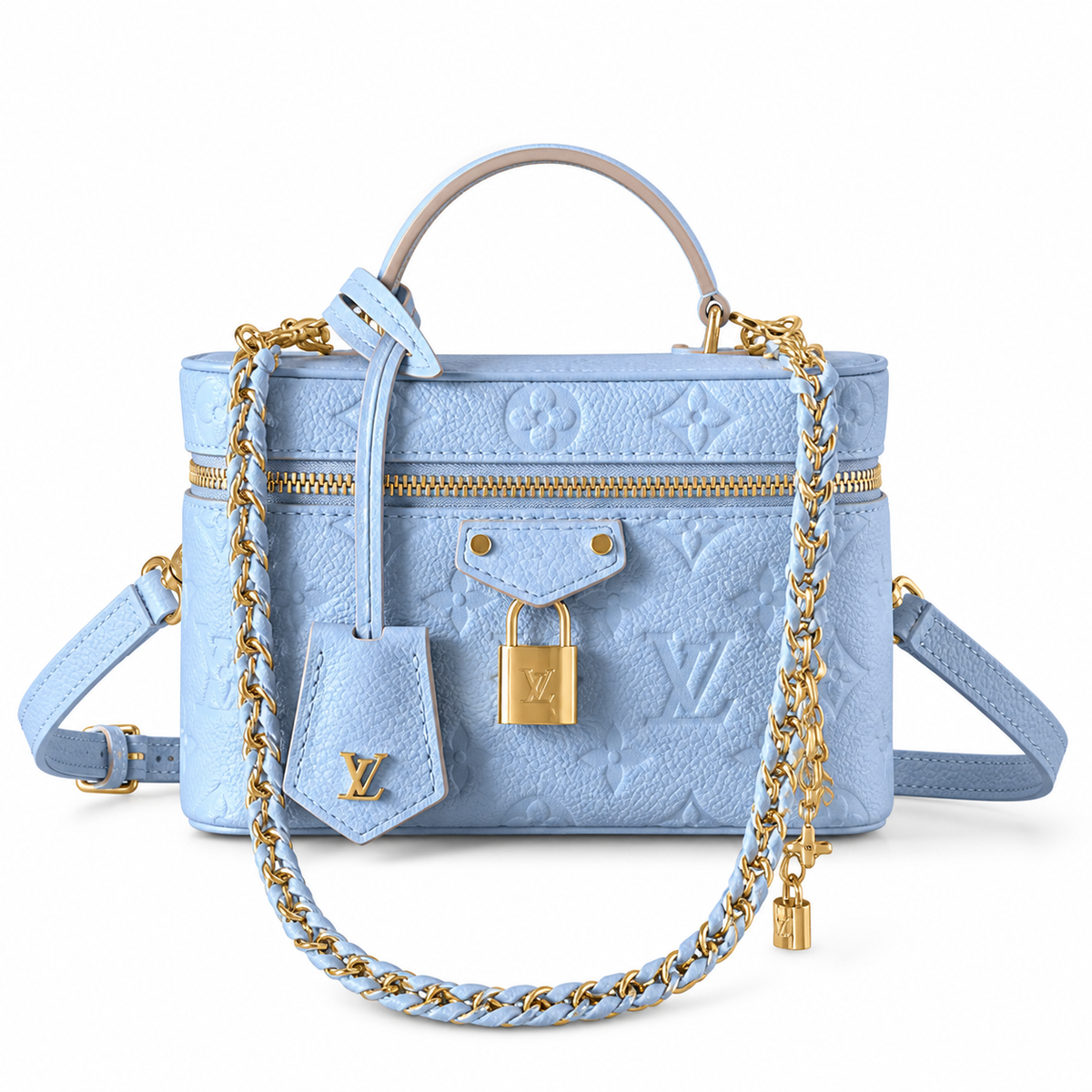 Louis Vuitton Vanity PM light blue Monogram Empreinte leather box bag with gold LV padlock and braided chain strap