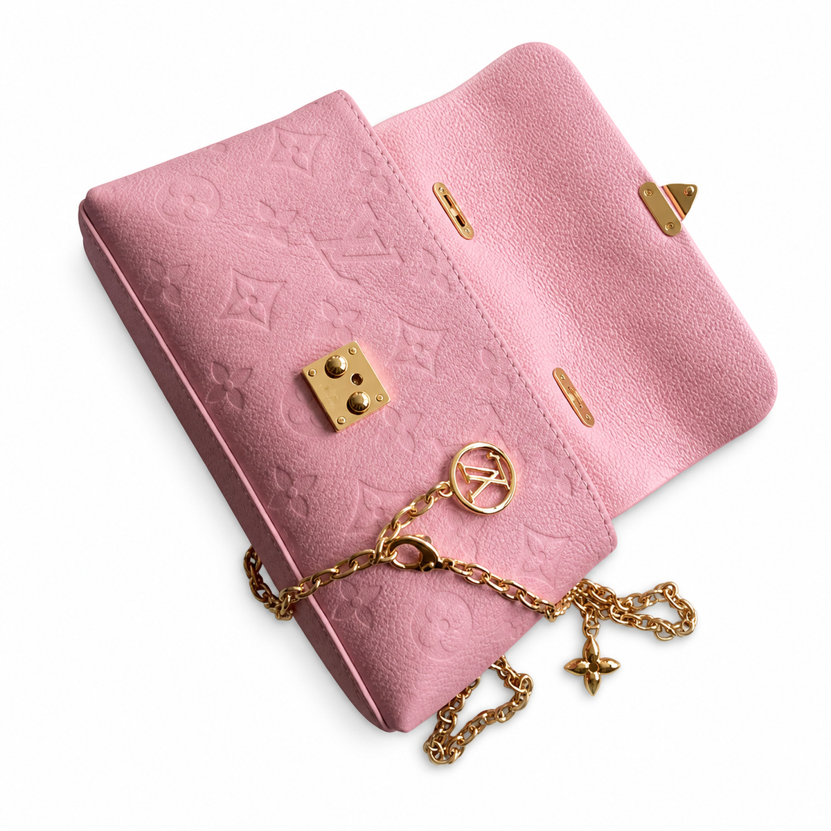 Louis Vuitton Dauphine Mini — Monogram Empreinte Leather in Rose Bonbon with Gold Chain & LV Charm