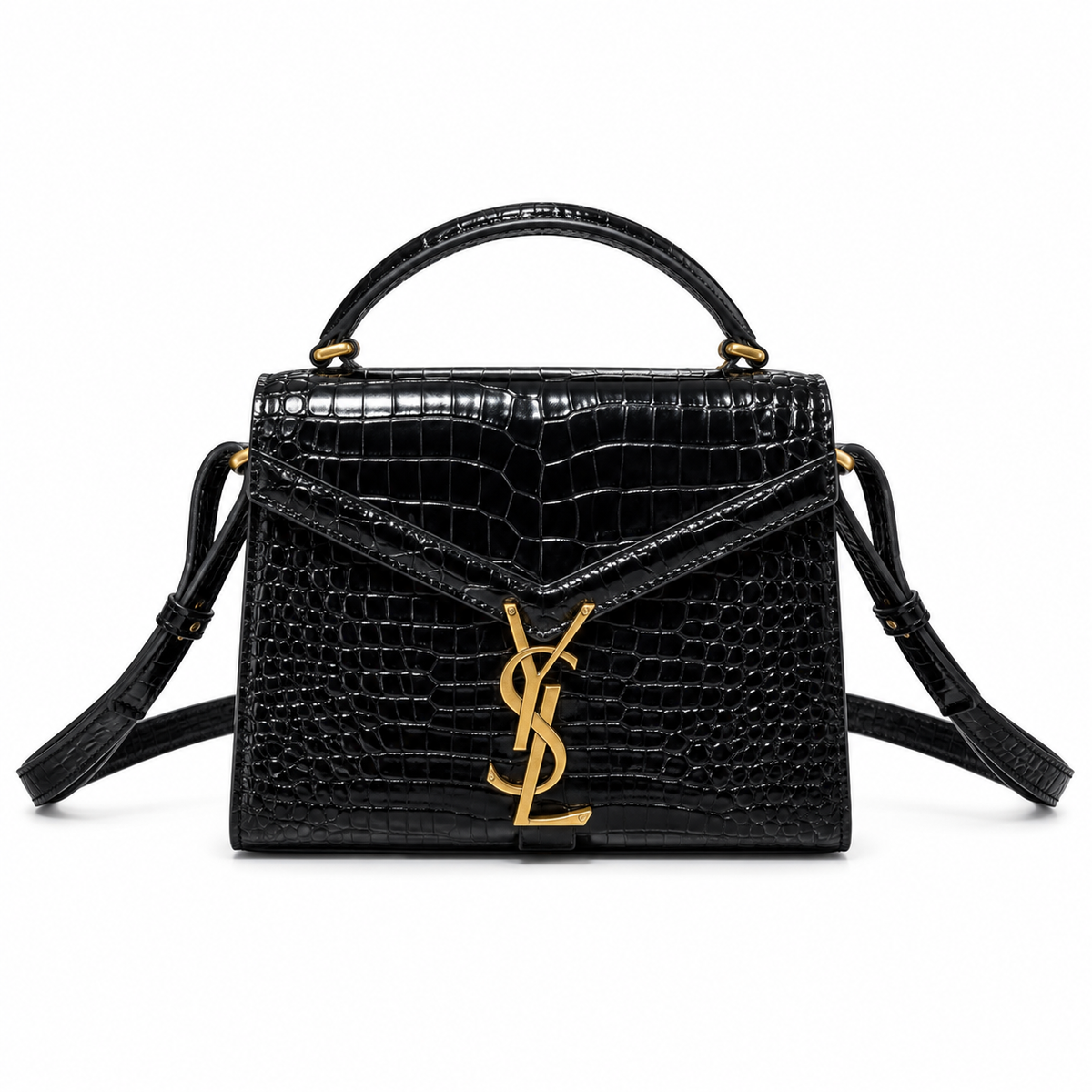 Saint Laurent Cassandra Medium black shiny croc-embossed leather top handle bag with gold YSL monogram clasp and dual adjustable straps