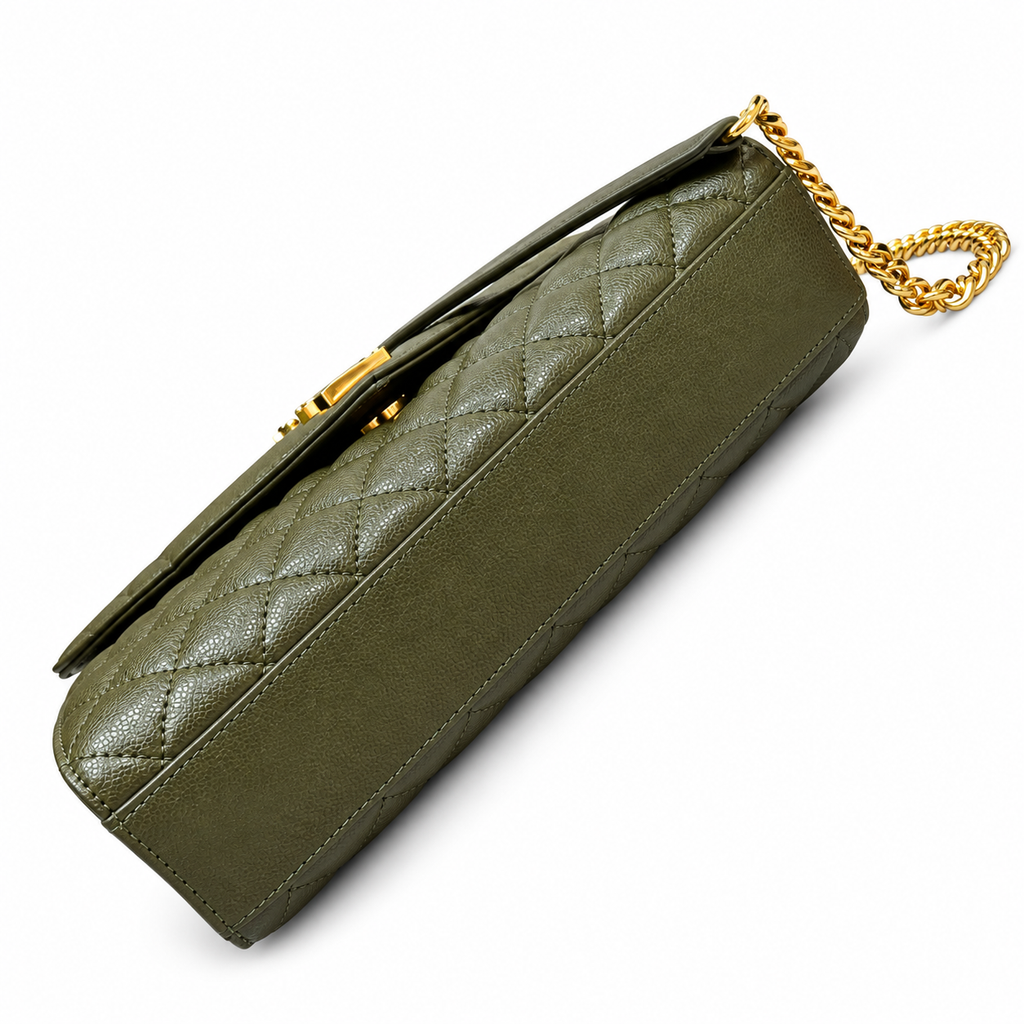 YSL College Quilted Caviar Leather Shoulder Bag Olive