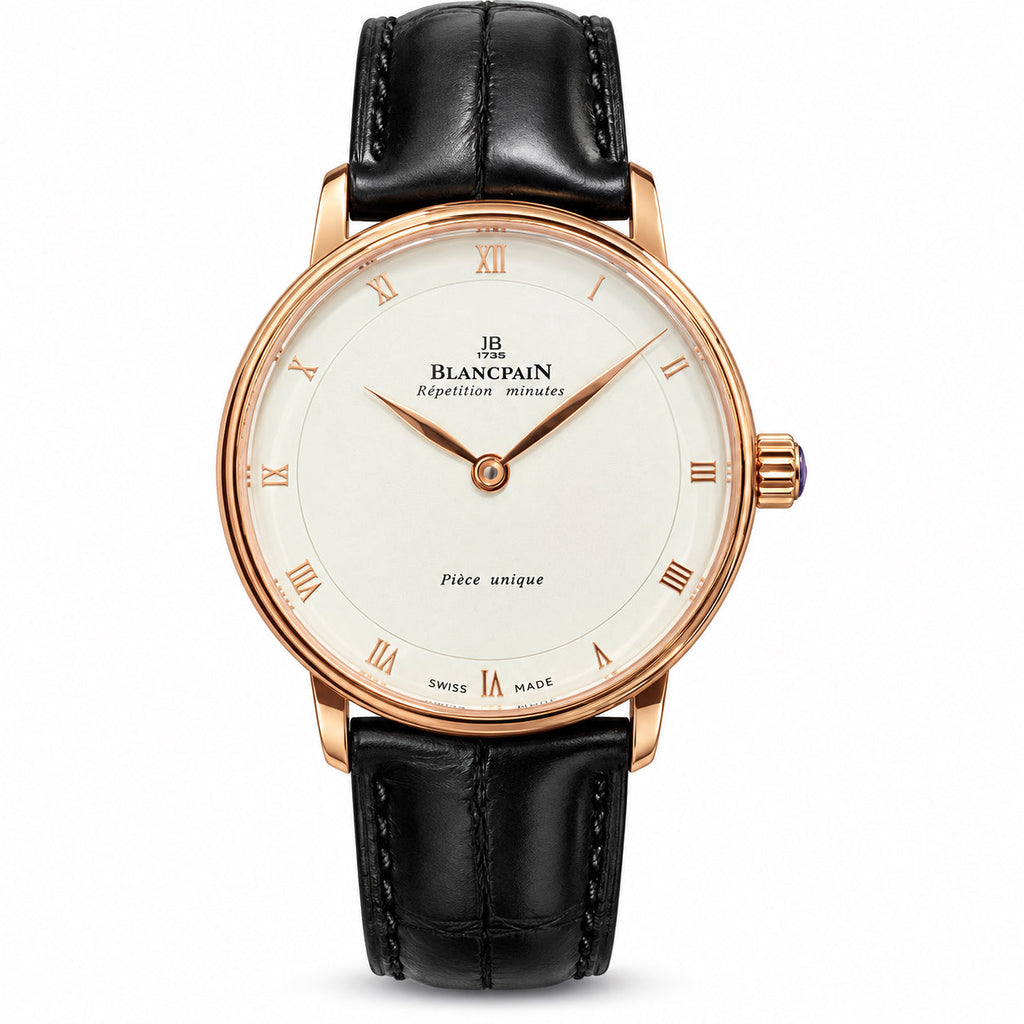 Blancpain Villeret minute repeater rose gold ivory enamel dial Roman numerals black alligator strap pièce unique grand complication watch