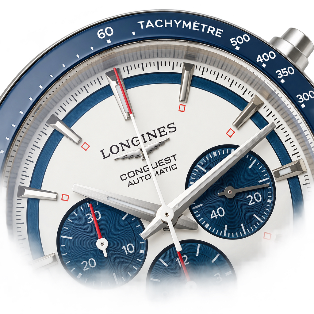 Longines Conquest Automatic Chronograph White Dial Blue Bezel