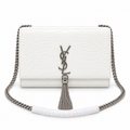 Saint Laurent YSL Kate Tassel chain crossbody bag in white croc-embossed leather with silver YSL monogram silver curb chain and silver silk tassel