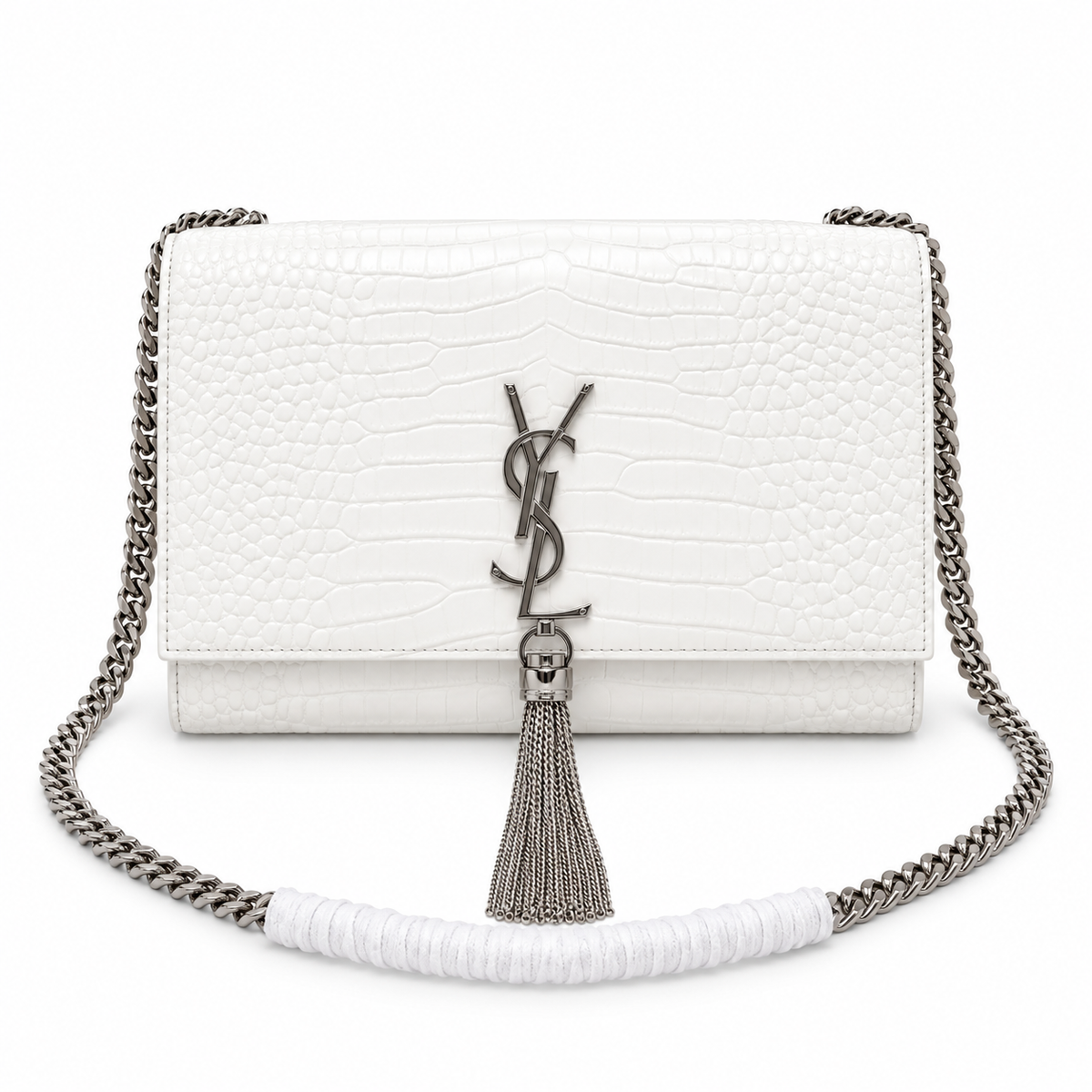 Saint Laurent YSL Kate Tassel chain crossbody bag in white croc-embossed leather with silver YSL monogram silver curb chain and silver silk tassel