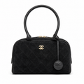 Chanel Bowling Bag Black Diamond-Quilted Suede | Elongated Barrel & Gold Full-Length Zip — 29cm