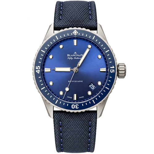 Blancpain Fifty Fathoms Bathyscaphe Blue Dial Ceramic Bezel Fabric Diver Watch