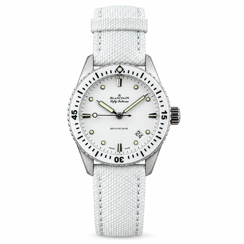 Blancpain Fifty Fathoms Bathyscaphe white dial with white ceramic bezel and canvas strap