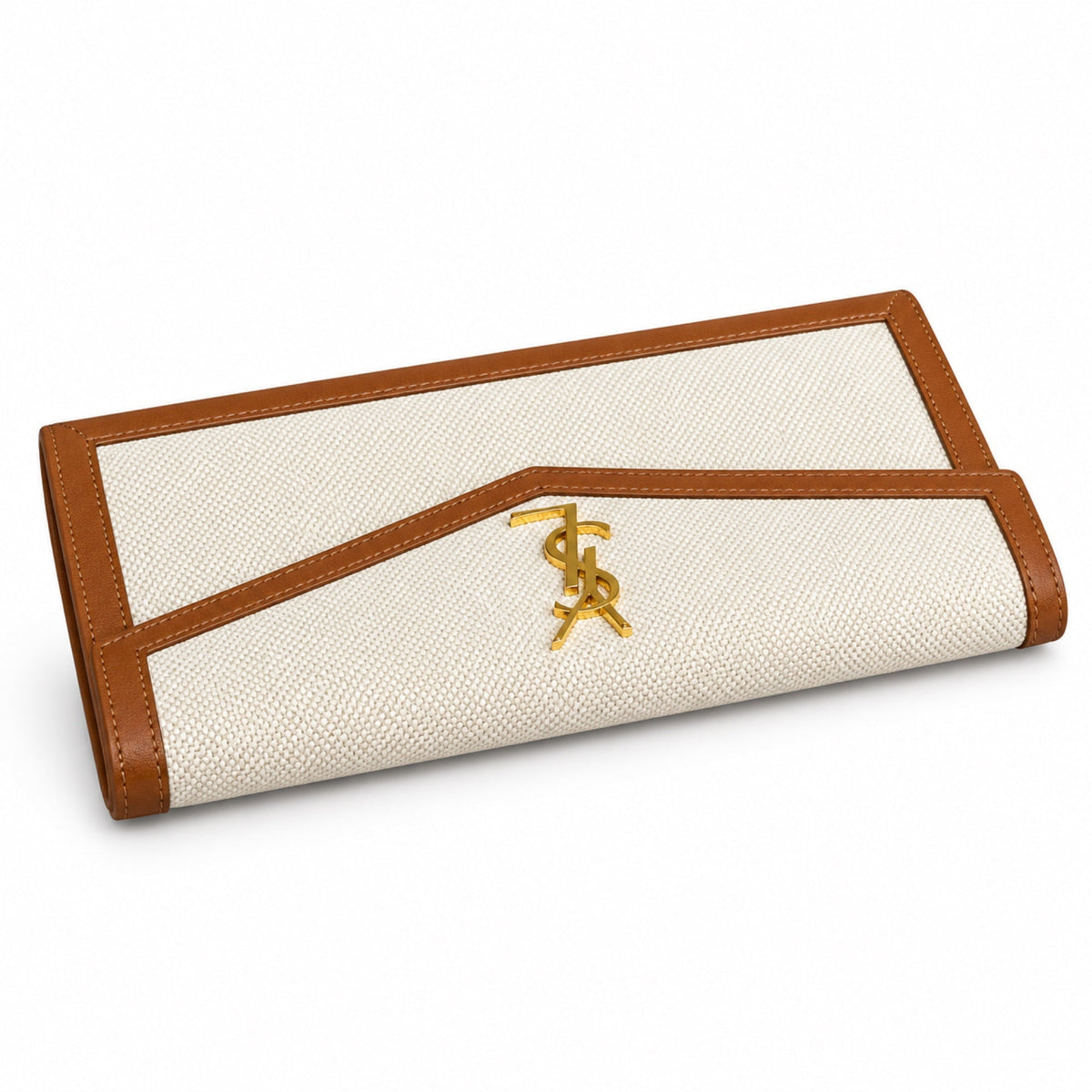 YSL Saint Laurent Cassandre Envelope Clutch in Natural Linen and Tan Leather