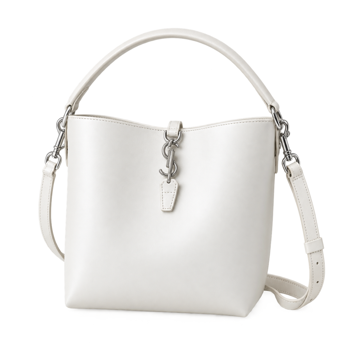 YSL Le 37 Bucket Bag in white smooth leather with silver YSL cassandre charm, top loop handle and adjustable crossbody strap, front view
