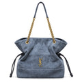 YSL Saint Laurent Jamie Tote Bag in slate blue suede with gold chain strap and YSL Cassandre monogram hardware