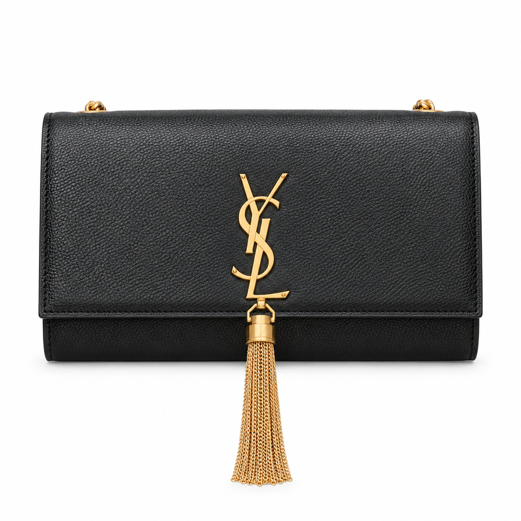 YSL Saint Laurent Kate Chain Bag Black Grained Leather Gold YSL Monogram Tassel Chain Strap