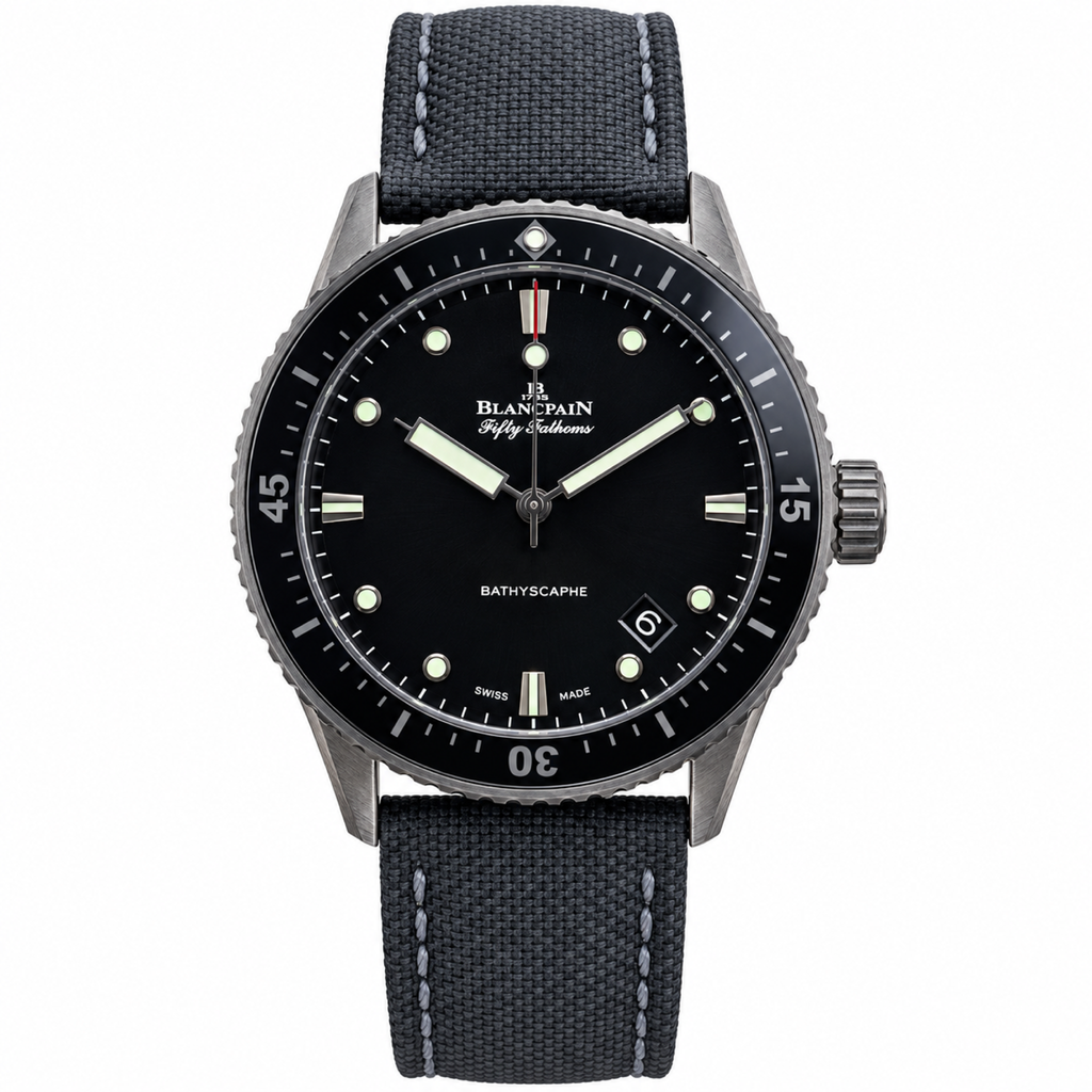 Blancpain Fifty Fathoms Bathyscaphe all-black matte black dial luminous indices red tip seconds black ceramic bezel charcoal grey fabric strap automatic dive watch