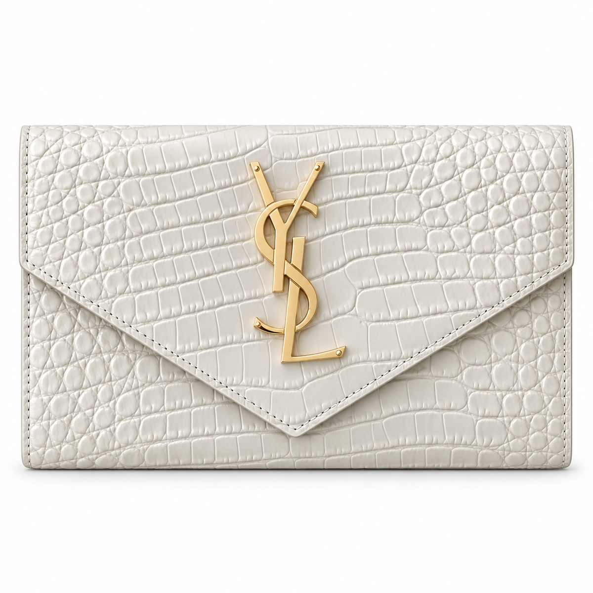 Saint Laurent Uptown wallet bag white matte croc-embossed leather with oversized gold YSL monogram plaque and V-shaped envelope flap