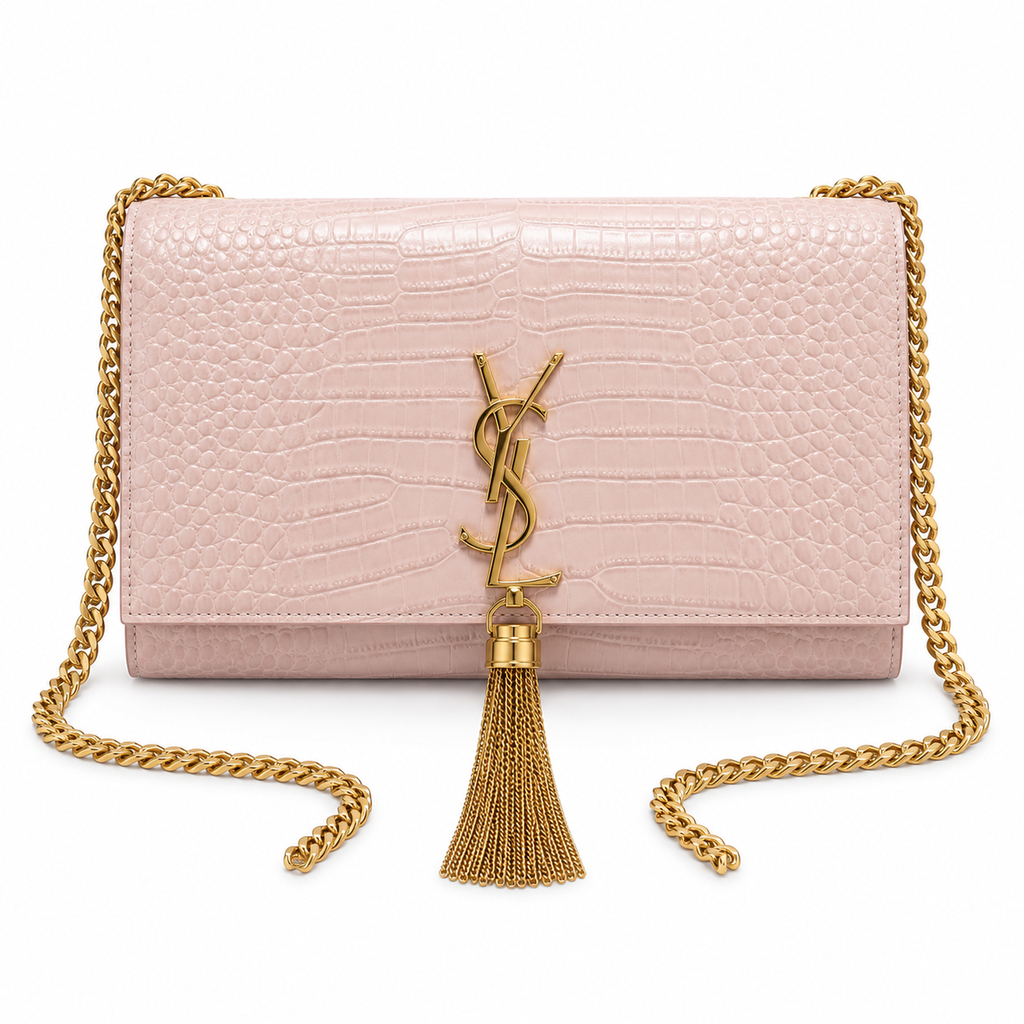 Saint Laurent YSL Kate Tassel chain crossbody bag in blush pink croc-embossed calfskin leather with antique gold YSL monogram gold curb chain and gold silk tassel