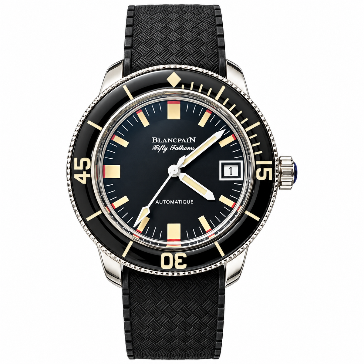 Blancpain Fifty Fathoms matte black dial gold-tone rectangular indices red safety accents black unidirectional bezel basket-weave rubber strap automatic dive watch