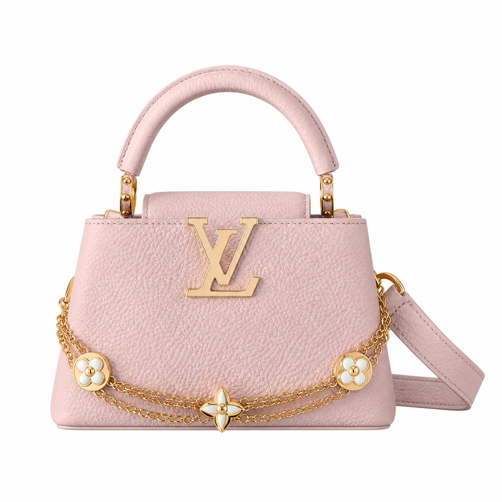 Louis Vuitton Capucines Mini in rose pale pink leather with gold chain and Monogram Flower charms
