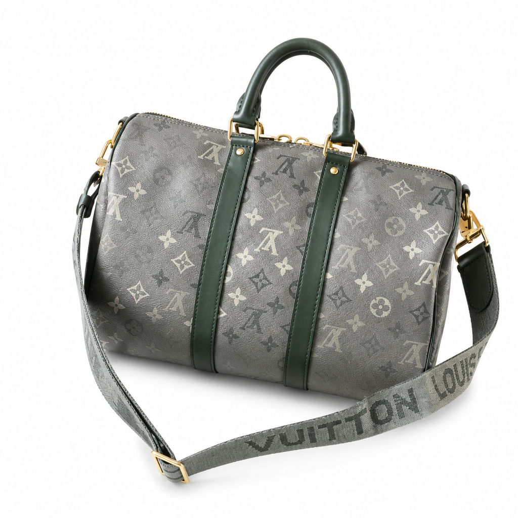 Louis Vuitton Keepall Bandouliere 45 Monogram Titanium Grey Canvas with Green Leather and Branded Jacquard Strap