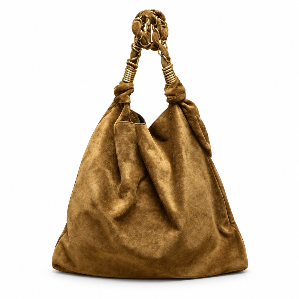 YSL Saint Laurent Squchy Hobo Bag Camel Suede Braided Gold Chain Handle