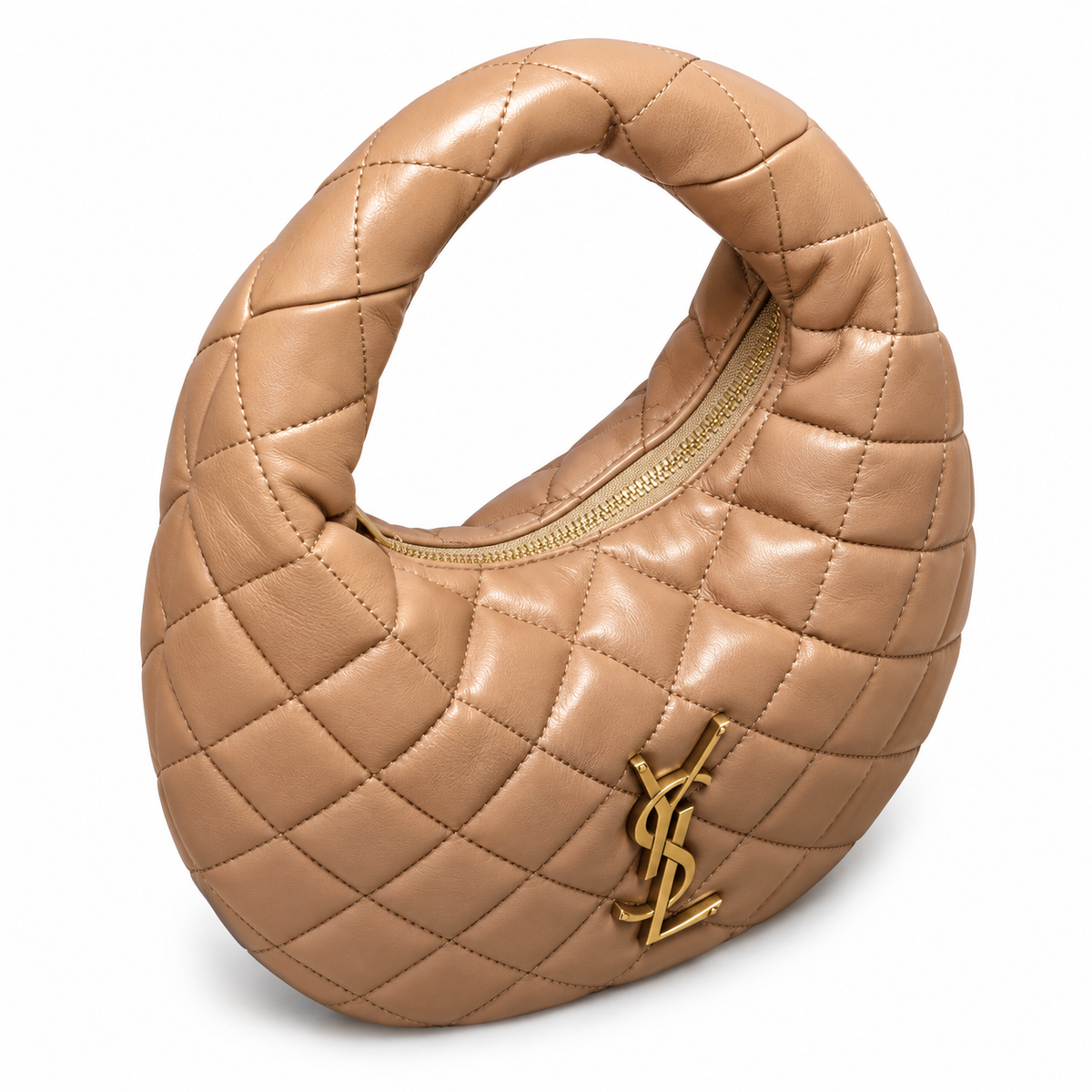 YSL Saint Laurent Quilted Leather Hobo Bag Camel
