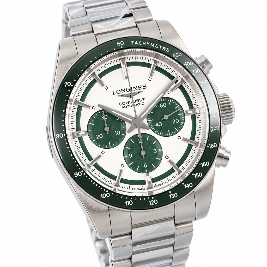 Longines Conquest Automatic Chronograph White Dial Green Bezel Steel Bracelet