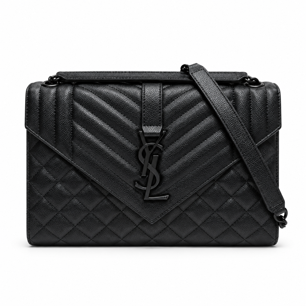 Saint Laurent YSL College Medium Bag All Black Noir Mix-Matelasse Quilted Grained Leather with Matte Black Tone-on-Tone YSL Monogram Chevron Quilting Top Handle and Black Curb Chain Strap