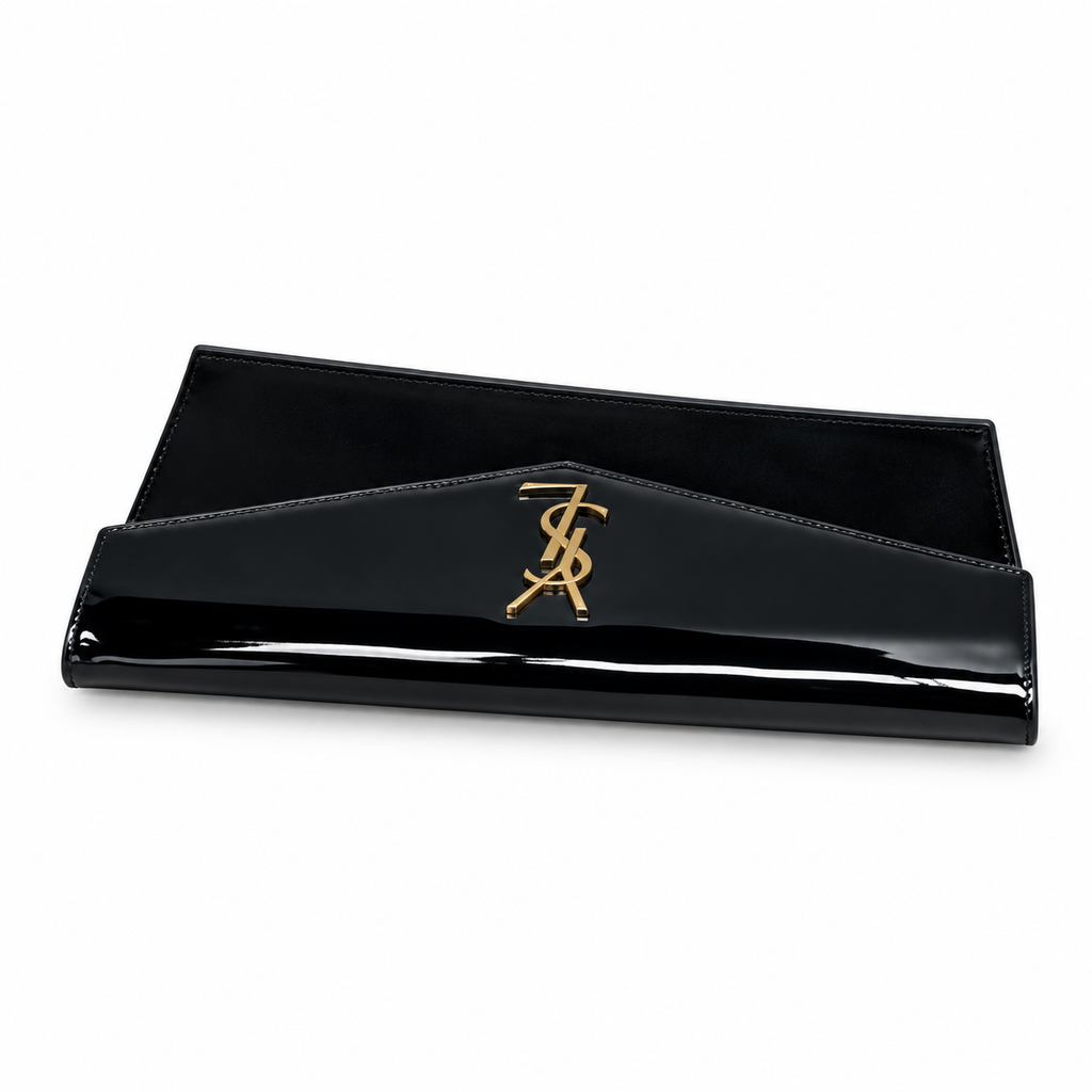 YSL Saint Laurent Cassandre Envelope Clutch in Black Patent Leather