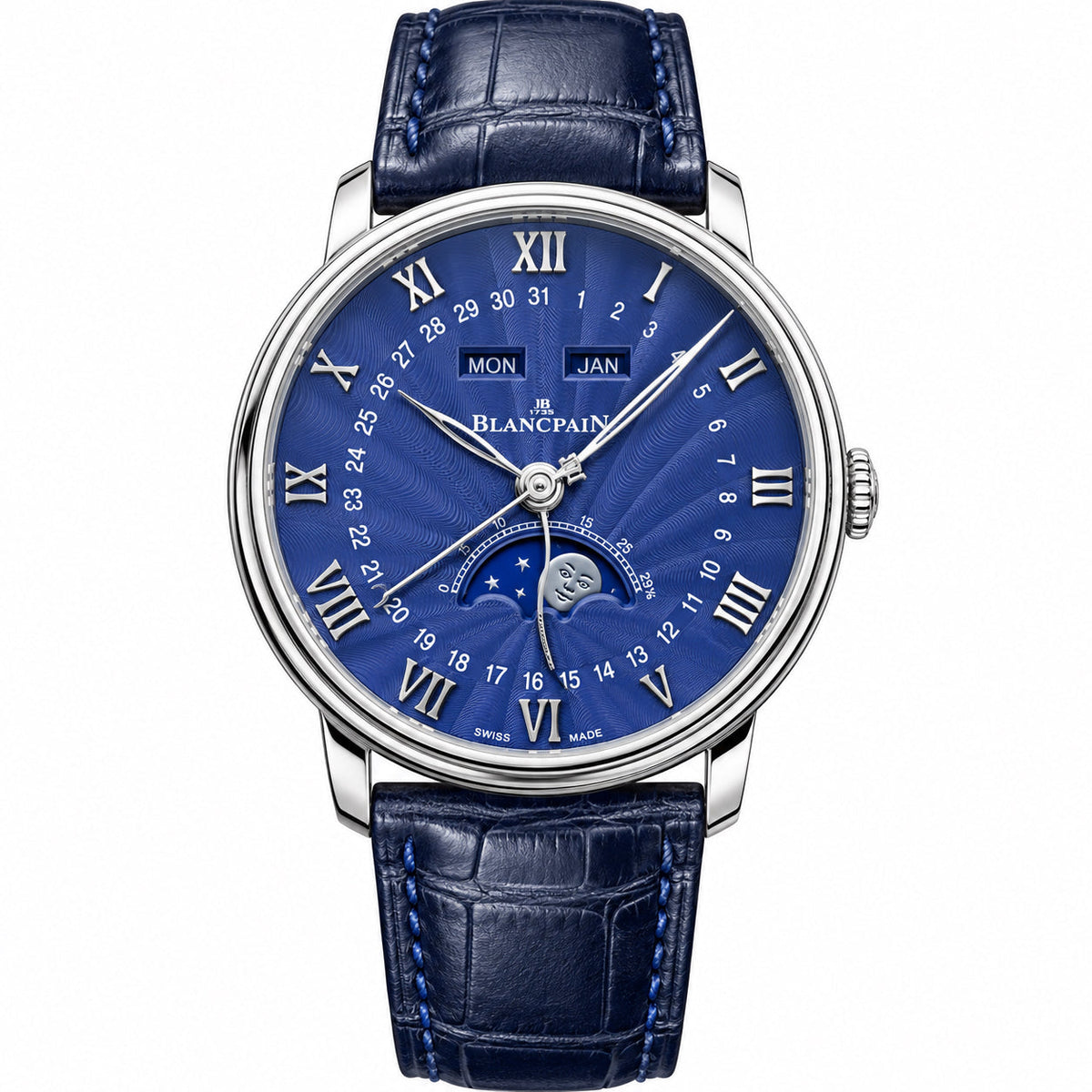 Blancpain Villeret Quantième Complet – Steel Blue Guilloché Dial Moonphase Calendar Swiss Automatic
