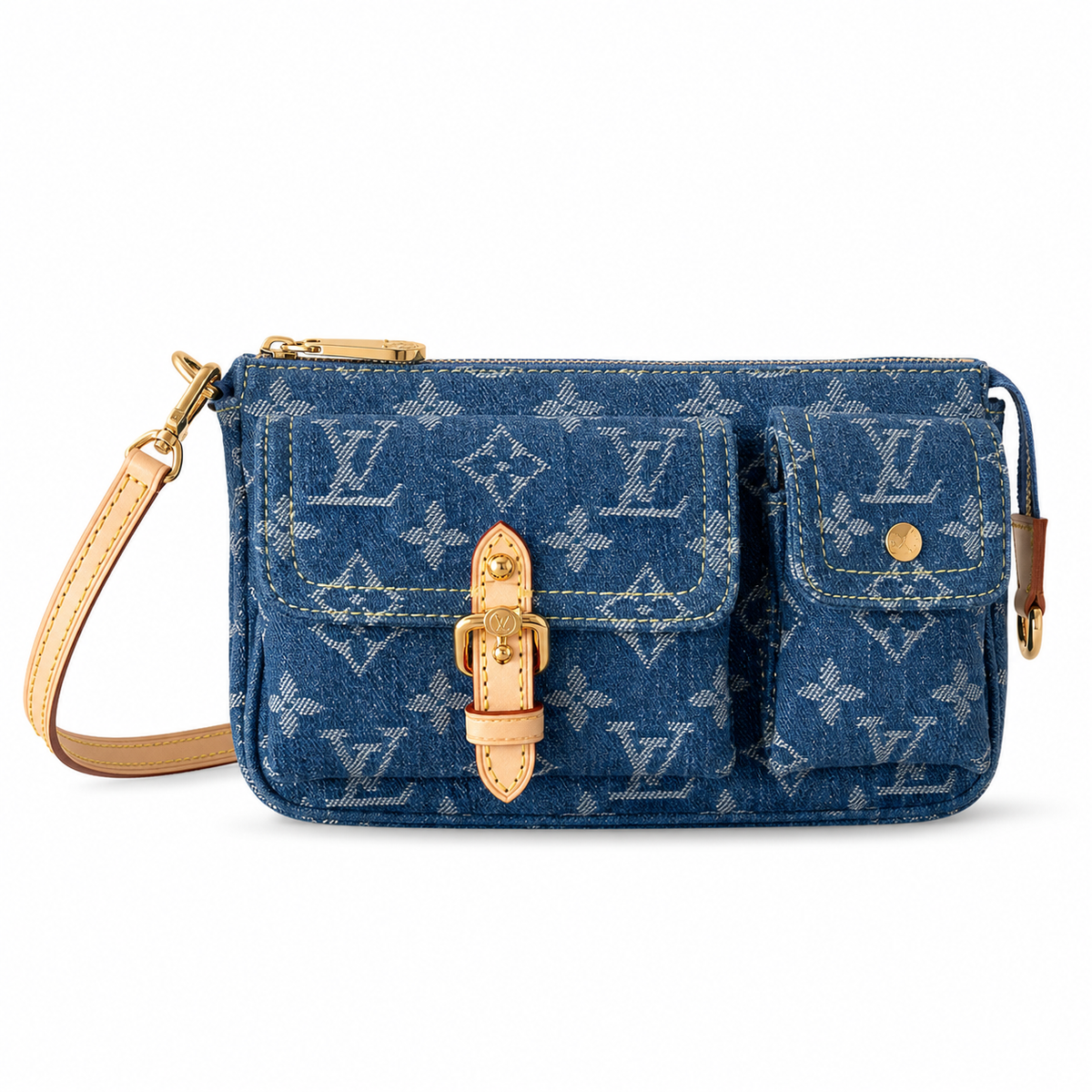 Louis Vuitton Pochette Monogram Denim Blue with Dual Front Pockets Gold Buckle and Vachetta Leather Trim