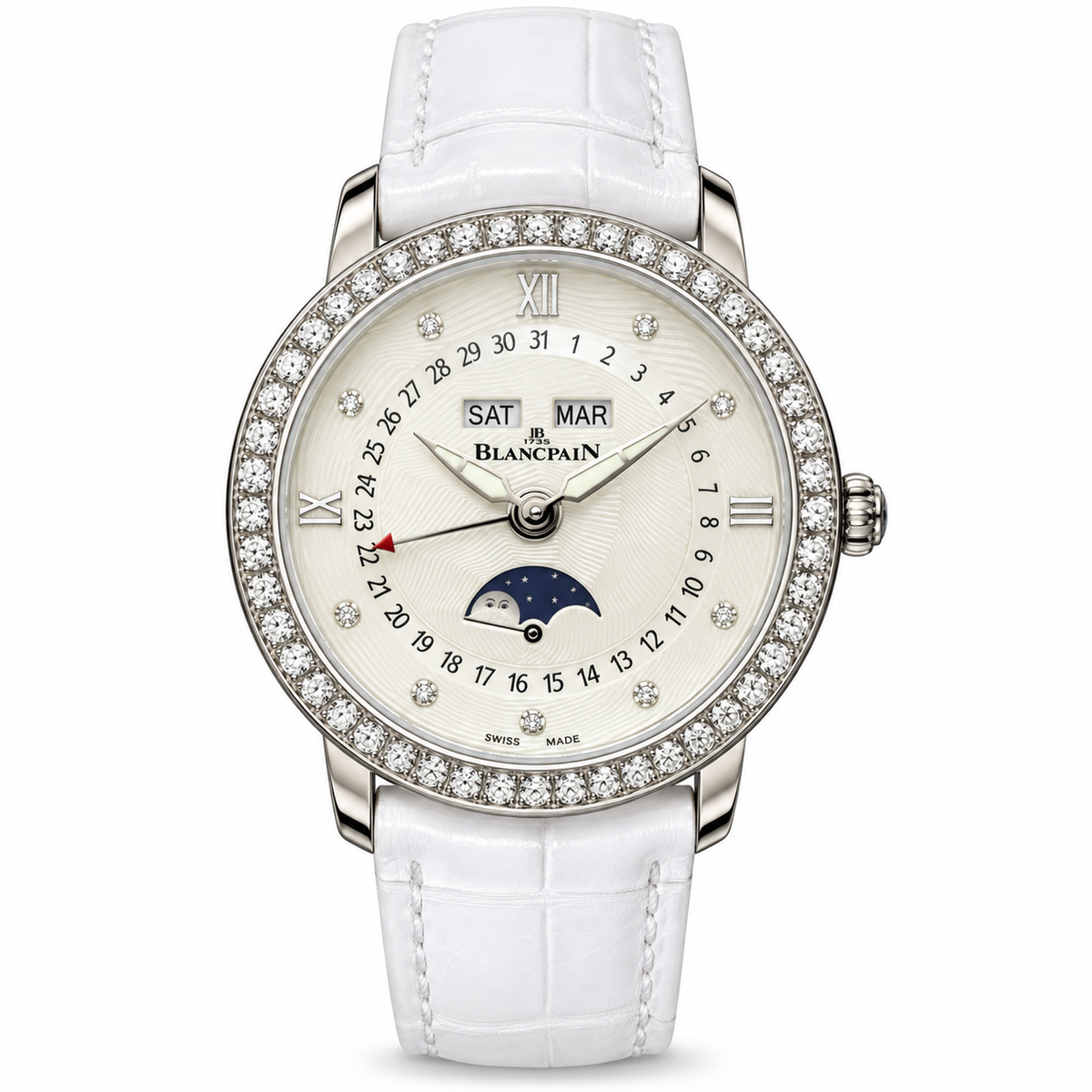 Blancpain Villeret full calendar moonphase ivory guilloché dial diamond bezel white gold diamond hour markers white alligator strap ladies watch