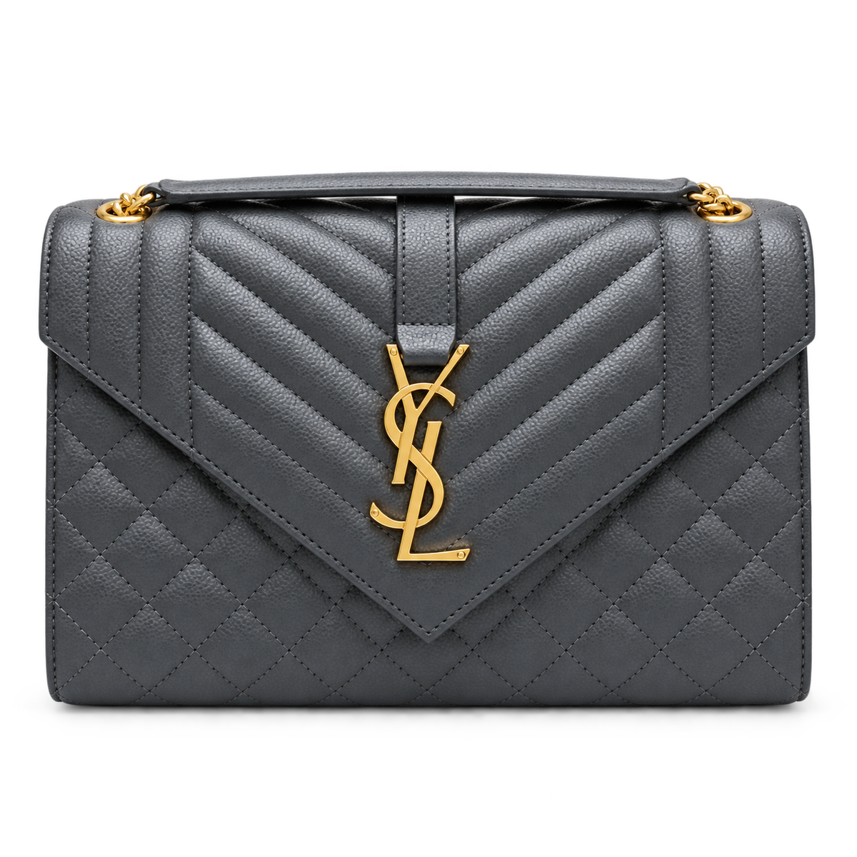 Saint Laurent YSL College Medium Bag in Storm Slate Grey Mix-Matelasse Quilted Grained Leather with Shiny Gold YSL Monogram Chevron Quilting Top Handle and Gold Curb Chain Strap
