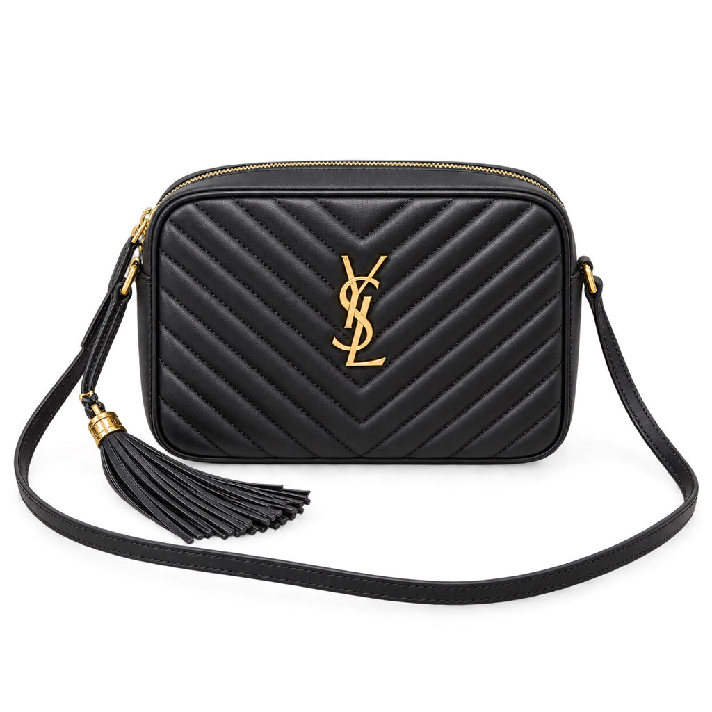 Saint Laurent YSL Lou Camera Bag in Black Noir Quilted Lambskin Leather with Shiny Gold YSL Monogram Chevron Quilting Black Leather Tassel and Adjustable Crossbody Strap