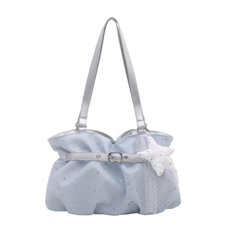 Starry Sky Cloud Shoulder Bag Powder Blue Glitter Star Print with Silver Buckle and Detachable White Lace Star Charm