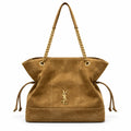 YSL Saint Laurent Jamie Tote Bag in camel tan suede with quilted stitching, gold chain strap and YSL Cassandre monogram