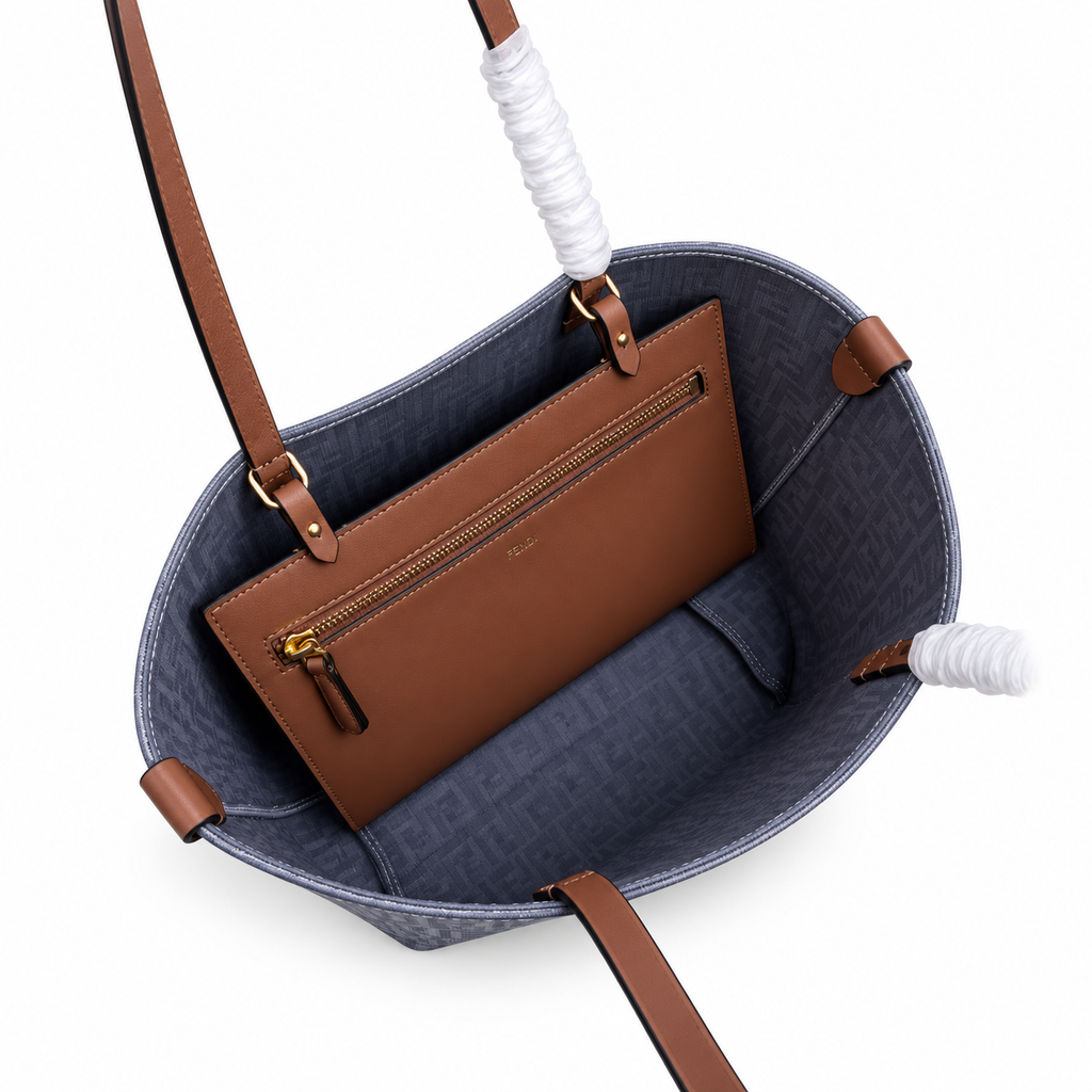 Fendi FF Medium Tote Bag – Jacquard Canvas & Leather Handles, Open Top, 19.5cm