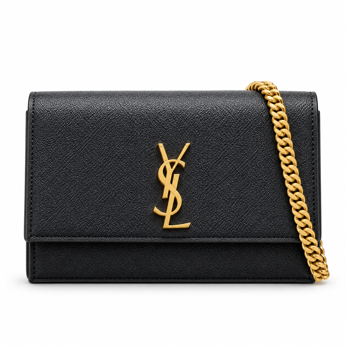 Saint Laurent YSL Kate Small Chain Bag in Black Grained Leather with Gold YSL Monogram and Gold Chain Strap